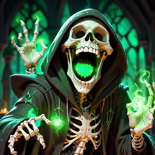 Prompt: a hooded skeleton, who is a necromancer, visibly laughing maniacally to himself while casting a spell with his arms wide open, and his hands glowing with green magic while being somewhere on the height level of elbows or shoulders
