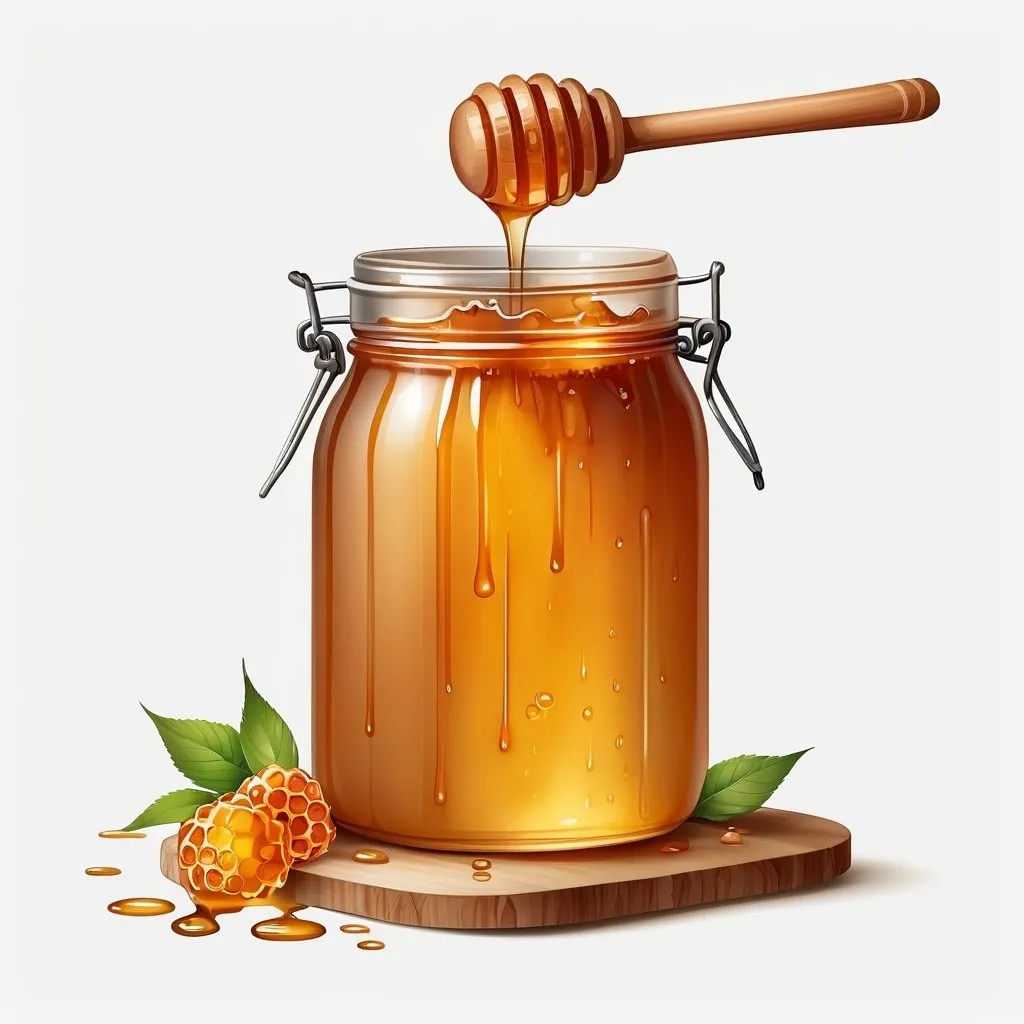 Prompt: Illustrated full body wooden honey stick on top, jar filled with honey into the jar, white background, detailed, realistic, wooden texture, liquid honey, simple