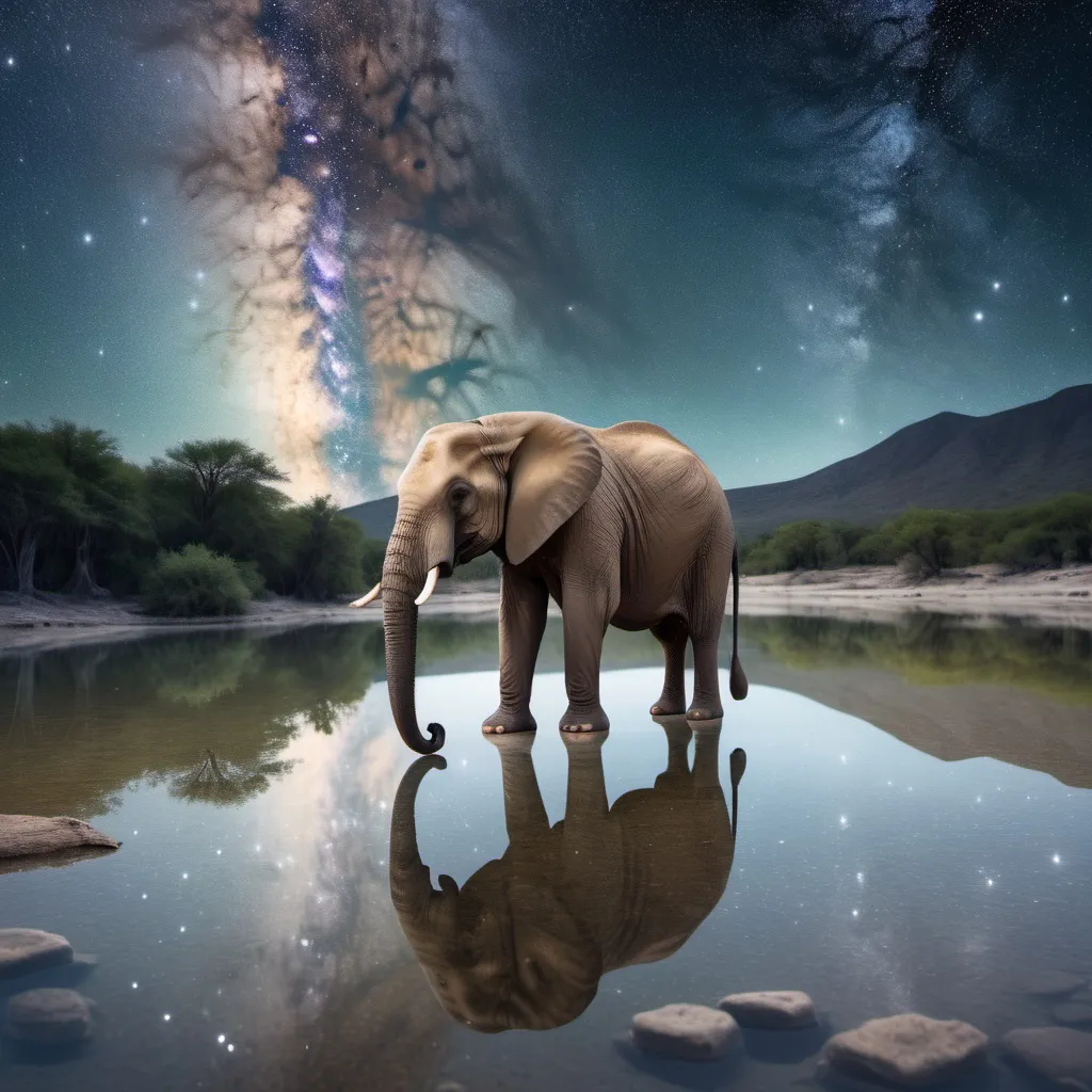 Prompt: Un elefante mirándose en un lago cristalino y reflejándose con un fondo de la vía láctea