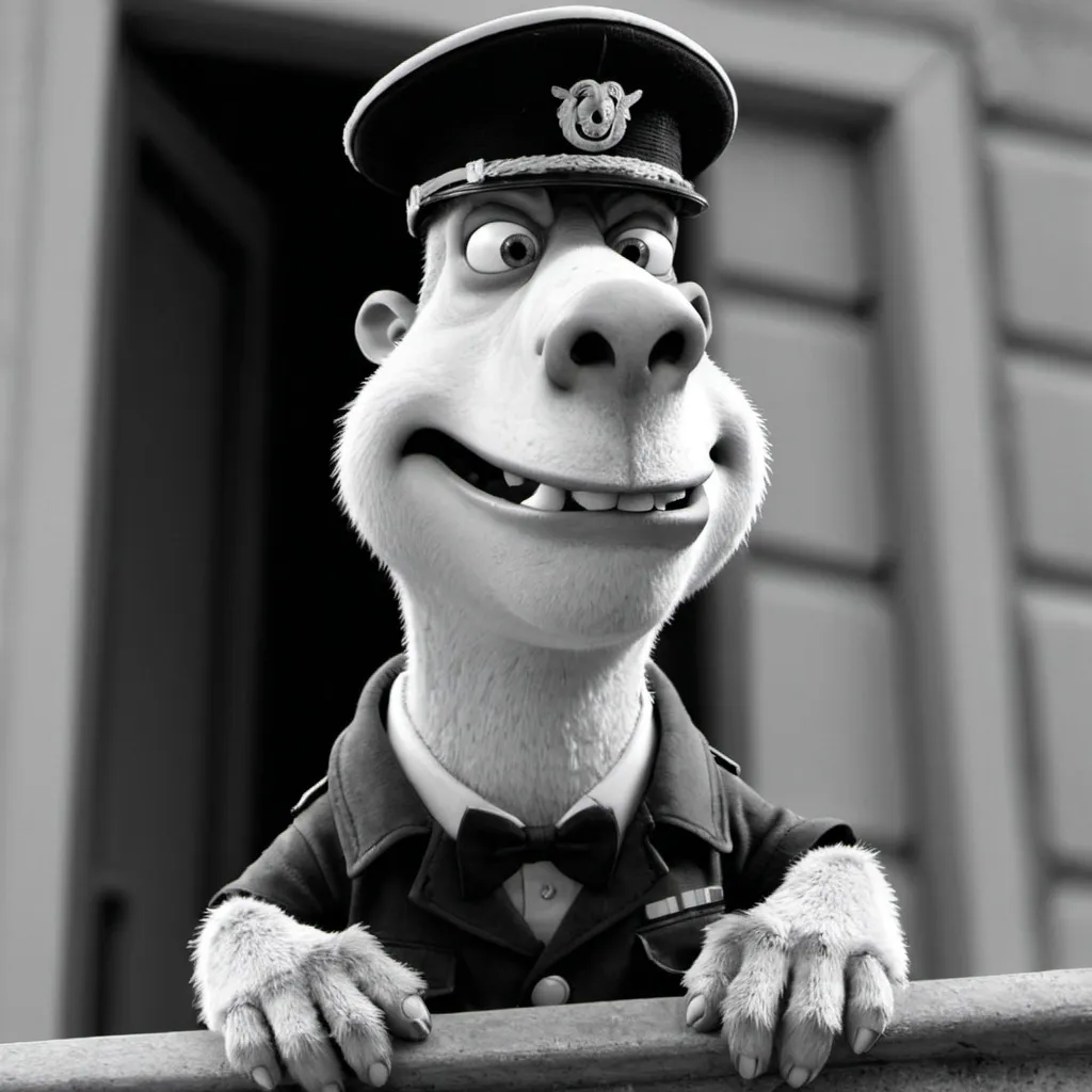 Prompt: Sid from Ice Age who is dressed like Mussolini when he's declaring war from a balcony. B/N Image. He's serious and quite angry.