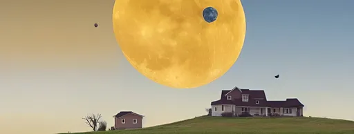 Prompt: yellow suburban home sideview with brown stairs leading outside, half blue half dark sky, incredibly large moon in middle of half blue half dark sky, black and white cows floating around incredibly large moon, clumps of dirt and grass floating around incredibly large moon