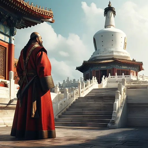 Prompt: Kublai Khan standing in front of the white dagoba at miao ying temple in beijijng. ultra realistic dramatic lighting. hollywood style