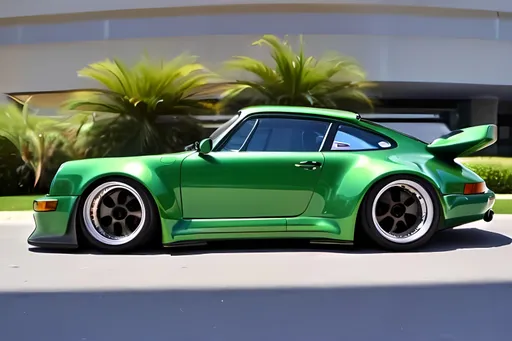 Prompt: 1993 Porsche 911 964 RWB Widebody; double spoiler; neon apple green paint; side view; white background; car; shiny; vintage sedan; black bumper; second black spoiler on top of main spoiler