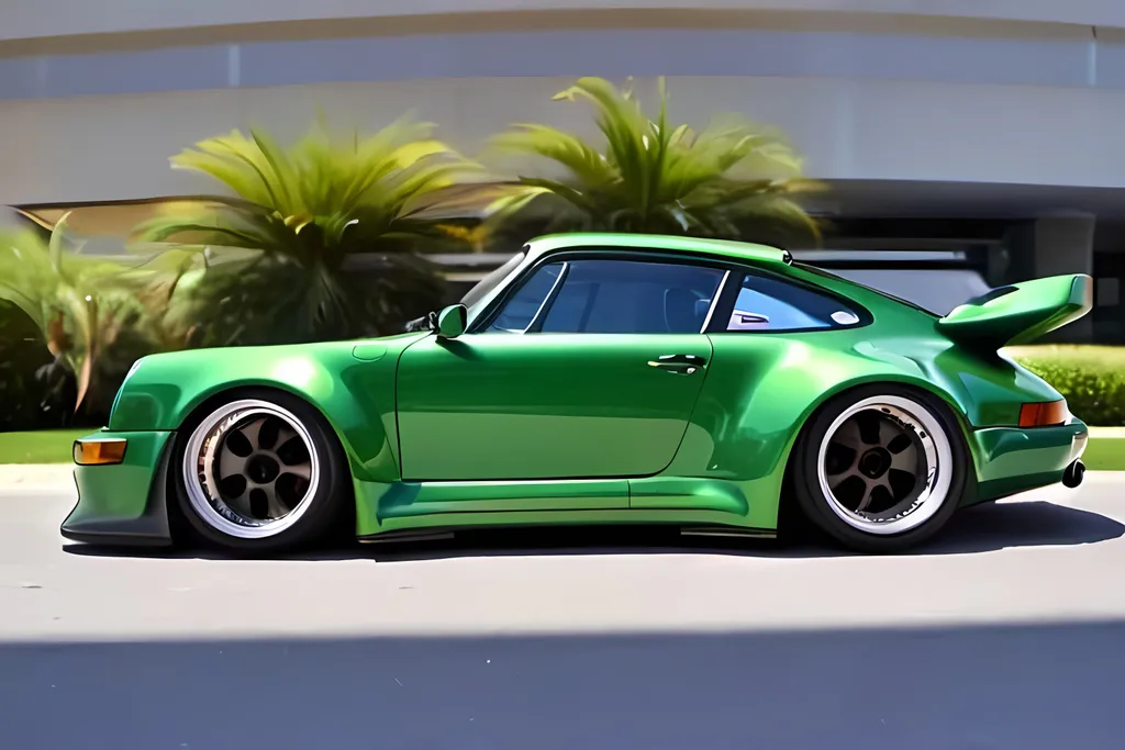 Prompt: 1993 Porsche 911 964 RWB Widebody; double spoiler; neon apple green paint; side view; white background; car; shiny; vintage sedan; black bumper; second black spoiler on top of main spoiler