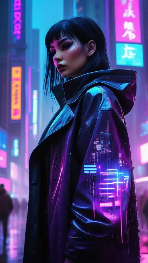 Prompt: A dark and gritty cyberpunk cityscape at night, drenched in rain that reflects vibrant neon lights in shades of purple, blue, and pink. Skyscrapers covered in holographic advertisements and digital billboards stretch into a foggy sky. In the foreground, a mysterious female character with sleek black hair stands confidently. She wears futuristic attire with metallic and neon accents, a dark coat, and augmented reality glasses or a glowing visor. The scene captures a high-tech, dystopian atmosphere filled with intricate urban details and a sense of tension and intrigue."