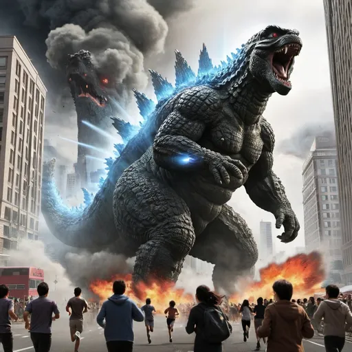 Prompt: Godzilla destroying a city while people running away
