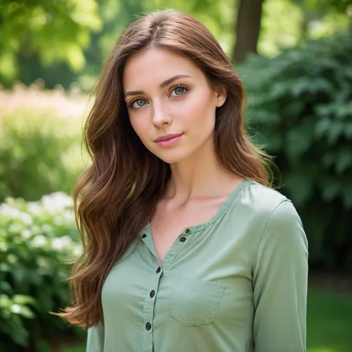 Prompt: A beautiful young woman with a kind and warm expression. She has long, wavy chestnut brown hair that falls gently over her shoulders. Her eyes are a striking shade of green, framed by long eyelashes. She has a light, natural makeup look that highlights her features without being too overpowering. Her skin is smooth and has a healthy glow. She is wearing a casual yet stylish outfit: a fitted, pastel-colored blouse paired with jeans. She is standing in a sunlit park, with a background of lush green trees and colorful flowers