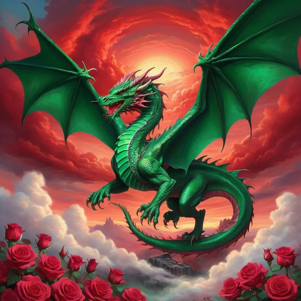 Prompt: A proud and strong, powerful but not scary emerald green dragon flying through a red sky with deep red roses falling around it
