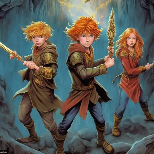 Prompt: a red headed boy and a blond girl, both holding magic wands  defending themselves from a bearded wizard who wears robes robes in a cave surrounded by ancient statues in the style of Josh Kirby

