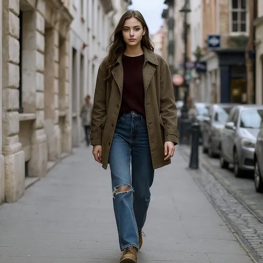 Prompt: Tall young woman walking down the high street, detailed clothing, realistic, natural lighting