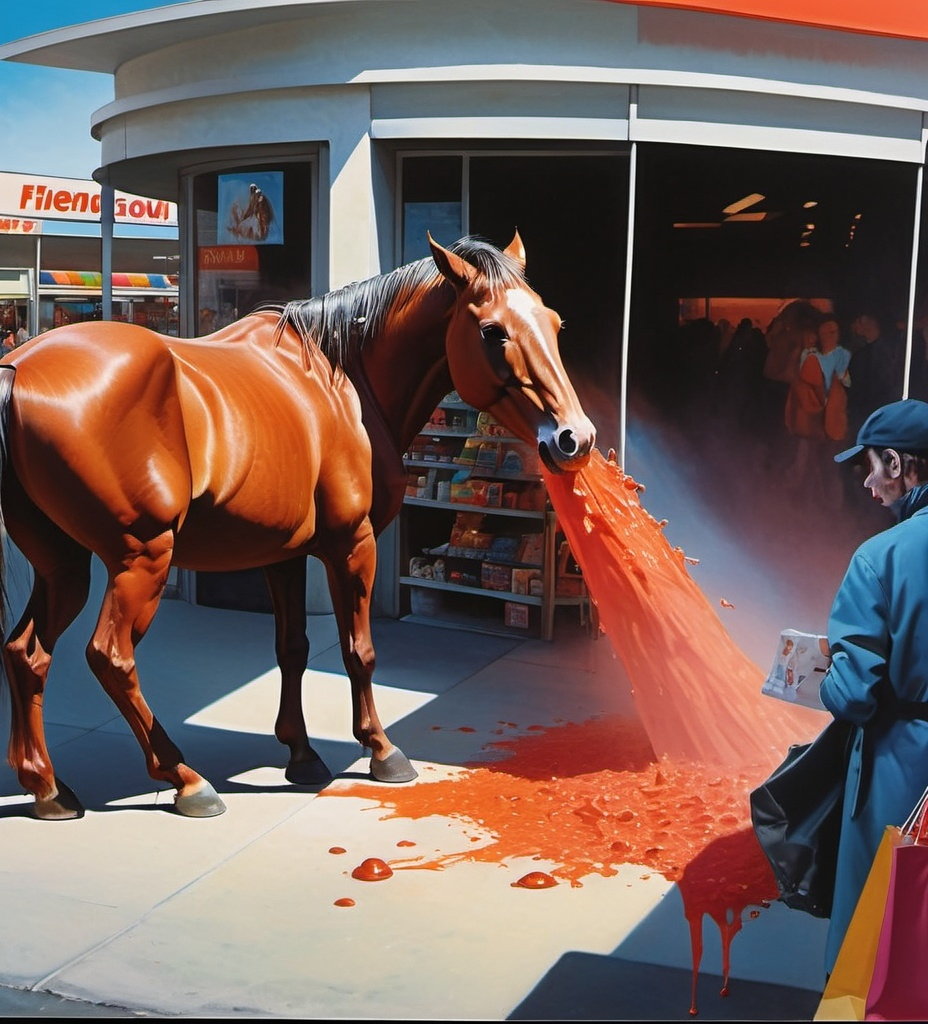 Prompt: a horse vomiting at the entrance of a supermarket