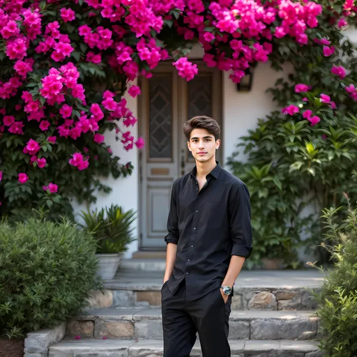 Prompt: A young man stands confidently in front of a charming house, surrounded by vibrant bougainvillea flowers that burst with shades of pink, contrasting beautifully against the greenery of a lush shrub nearby. Dressed casually in a black shirt and trousers, he gazes softly at the camera, his hands resting in his pockets, adding a relaxed vibe to the scene. The setting reveals a pleasant outdoor ambiance, illuminated by a gentle daylight that suggests a clear, serene day. The home's architecture features traditional elements, with a delicately patterned wooden door and a few steps leading up to it, while a hint of stone pathway peeks out from the surrounding foliage. This inviting scene exudes a sense of warmth and tranquility, reflecting a peaceful moment captured in a picturesque environment.
Make ghibli stidio art photo