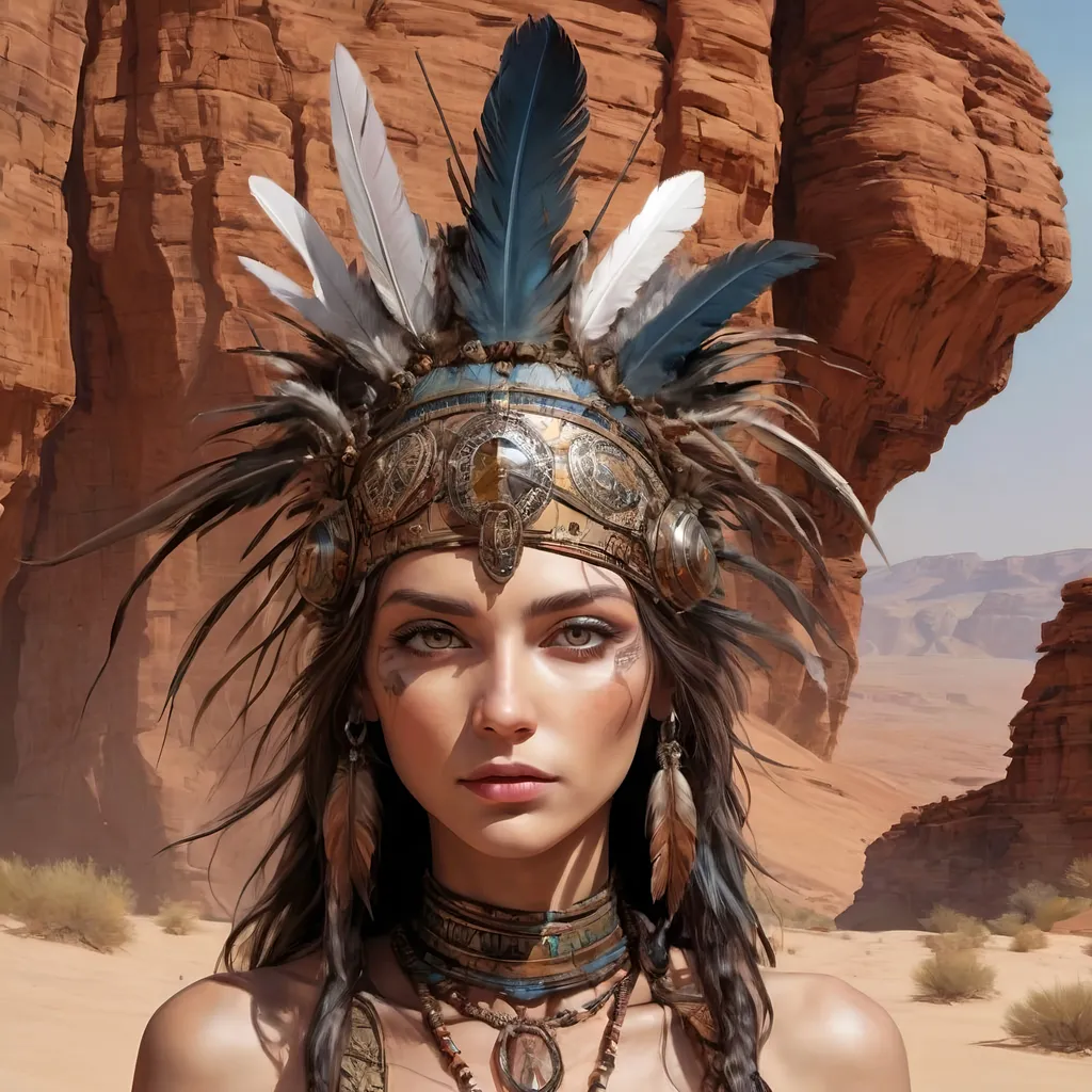 Prompt: a woman with a headdress and feathers on her head in the desert with a rock formation in the background