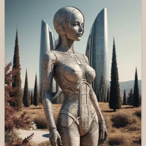 Prompt: a woman in a futuristic suit standing in front of a cityscape with tall buildings in the background, retrofuturism, cinema 4 d, an art deco sculpture