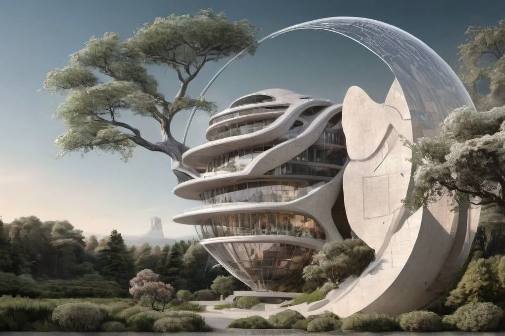 Prompt: a futuristic building with a spiral staircase and trees around it in the background is a lake and a forest, futuristic, a digital rendering