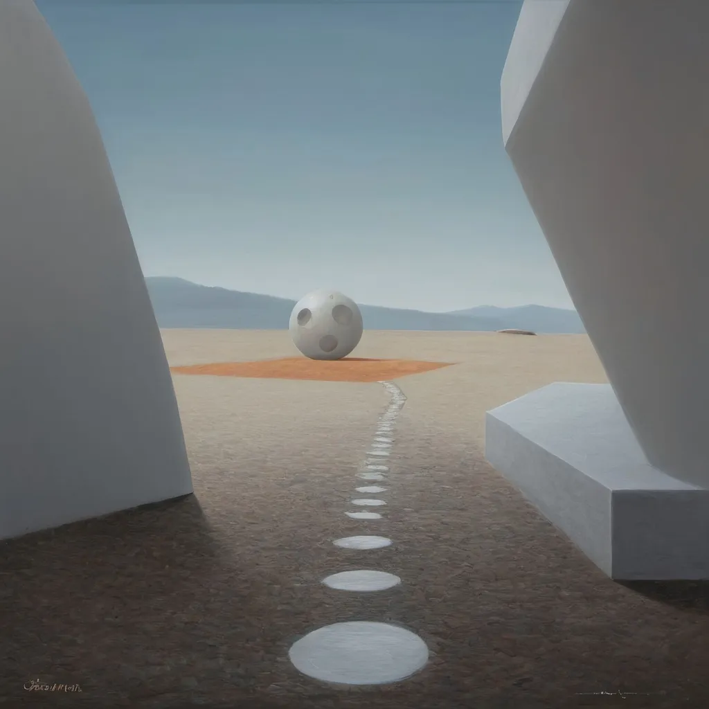 Prompt: a painting of a white ball in a desert landscape with a path leading to it and a distant mountain in the distance.