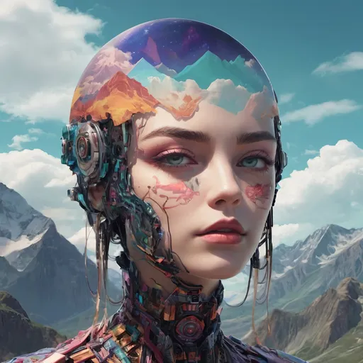 Prompt: a woman with a futuristic head and mountains in the background with clouds and mountains in the sky