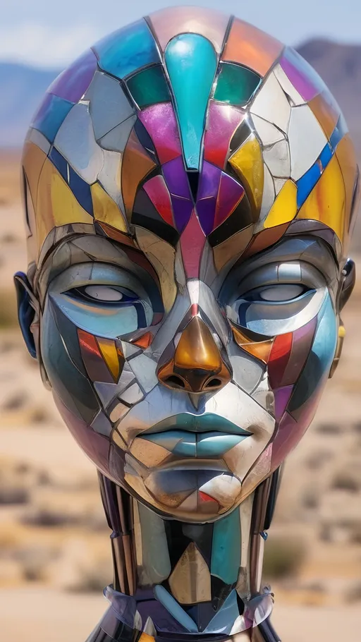 Prompt: a colorful face sculpture in the middle of a desert area with mountains in the background and a blue sky