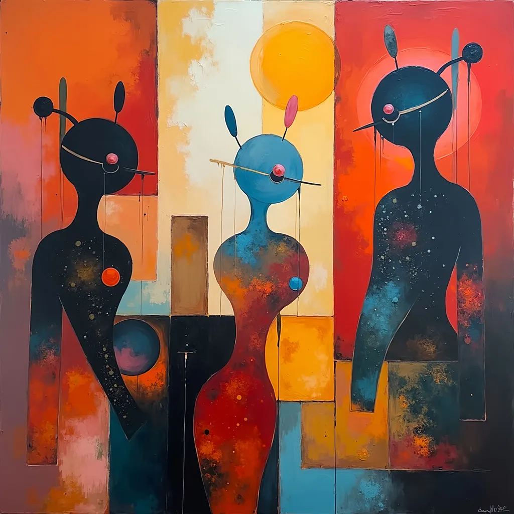 Prompt: a painting of three people standing in front of a mirror with a sun in the background and a red and blue background, cubo-futurism, artgem, an ultrafine detailed painting