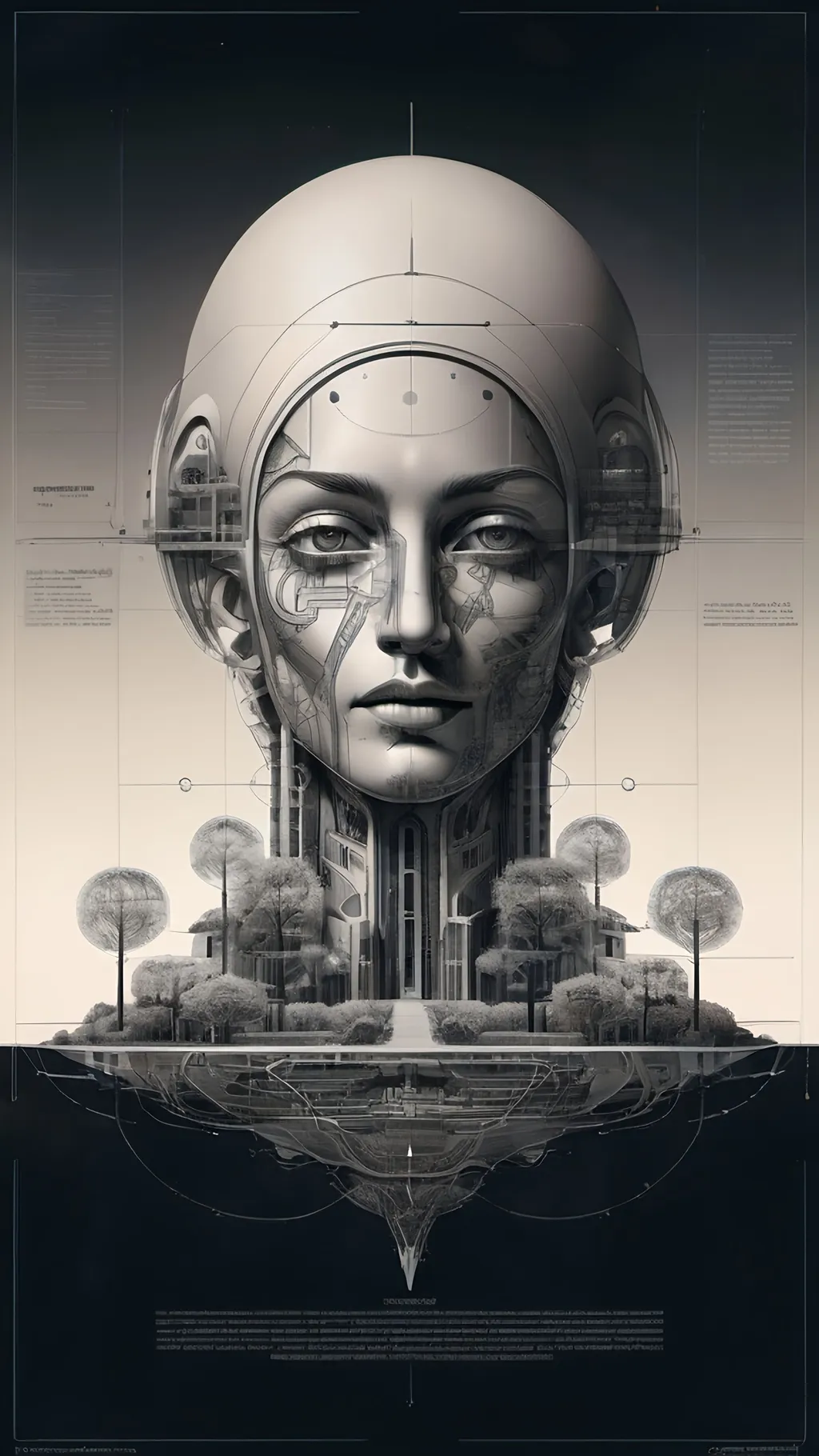 Prompt: a woman's face with a futuristic head and trees in the background, with a futuristic city in the background, cybernetics, cyberpunk art