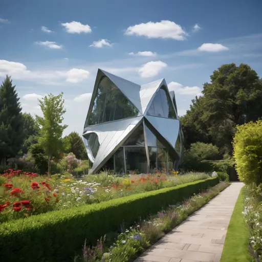 Prompt: a house with a triangular roof and a garden of flowers and shrubs in front of it and a walkway leading to the front door, crystal cubism, bold shapes, a digital rendering