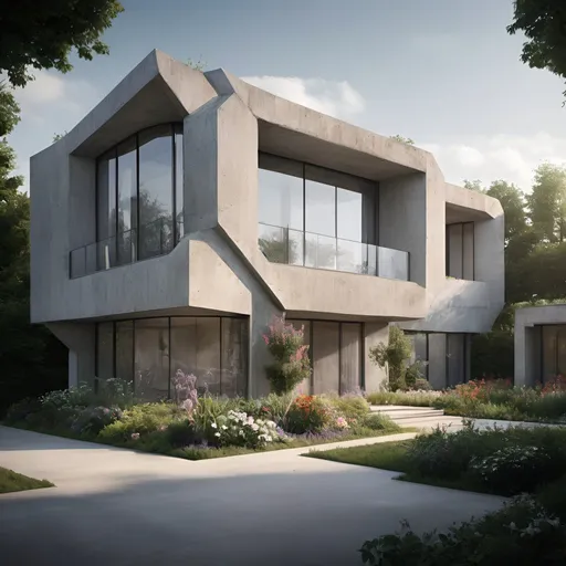 Prompt: a modern house with a lot of windows and plants in front of it and a sidewalk leading to the front door, concrete art, vray render, a digital rendering