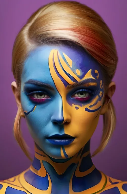 Prompt: a woman with blue and yellow face paint on her face and chest,  fauvism, behance hd