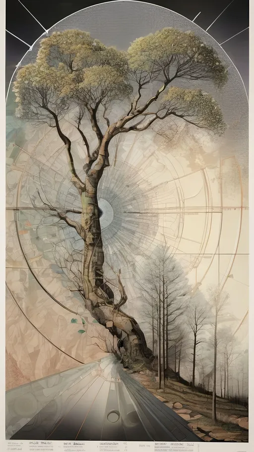 Prompt: a painting of a tree with a circular background and a person walking in the distance with a camera in hand, naturalism, loftis, an ultrafine detailed painting