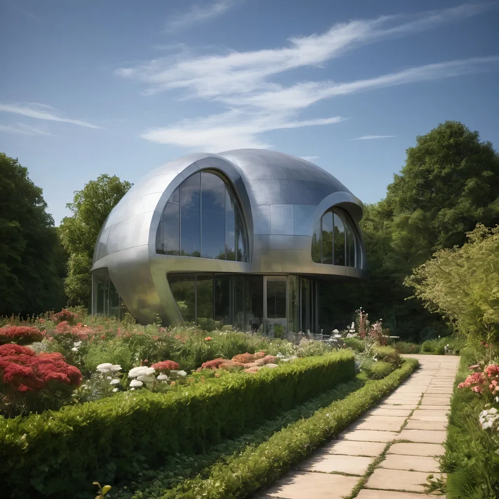 Prompt: a circular building with a walkway leading to it and a garden in front of it with flowers and shrubs, hypermodernism, archdaily, a digital rendering