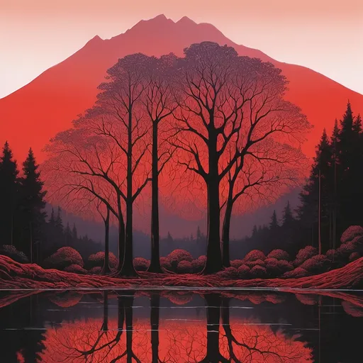Prompt: a painting of a red sunset with trees and mountains in the background and a lake in the foreground, a painting