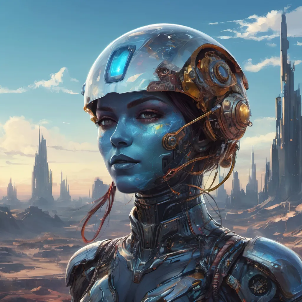 Prompt: a woman with a futuristic helmet on her head in a desert landscape with a city in the background and a blue sky
