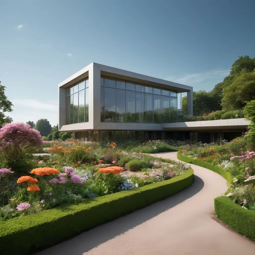 Prompt: a house with a garden of flowers and shrubs in front of it and a path leading to it and a building in the background, modernism, detailed render, a digital rendering