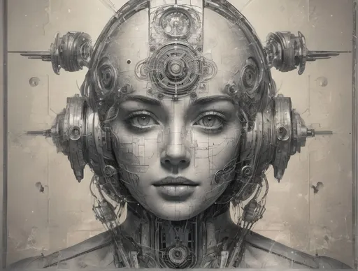 Prompt: a woman with a futuristic head and gears on her face, with a clock in the background and a clock dial on her face, cyber