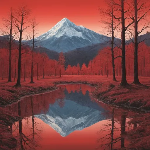 Prompt: a painting of a mountain with a lake in front of it and trees around it with a red sky