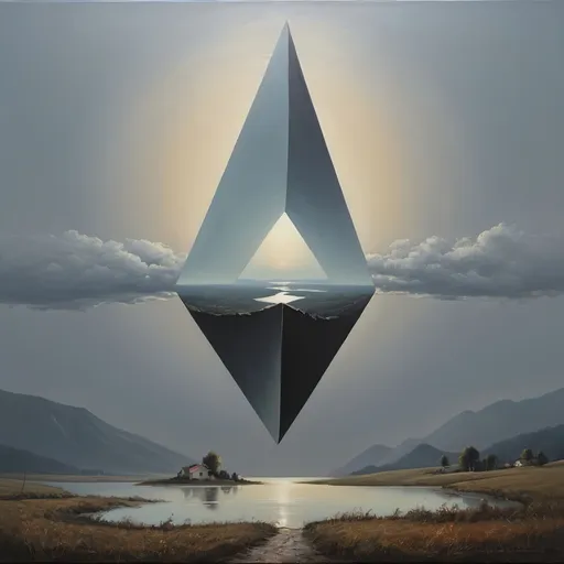 Prompt: a painting of a triangle floating in the air over a lake and mountains with a house in the distance