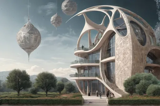 Prompt: a futuristic building with a lot of windows and a lot of trees, panfuturism, solarpunk, a digital rendering