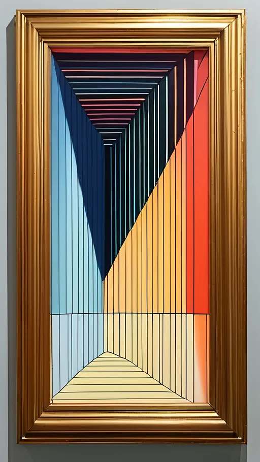 Prompt: a painting of a golden frame with a multicolored pattern on it's wall and flooring, precisionism, modern art deco, an art deco painting