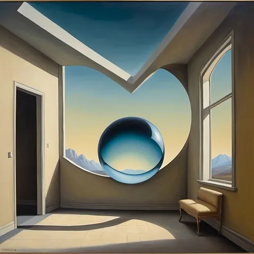 Prompt: a painting of a room with a large blue object in the middle of it's wall and a chair in the middle of the room, a surrealist painting