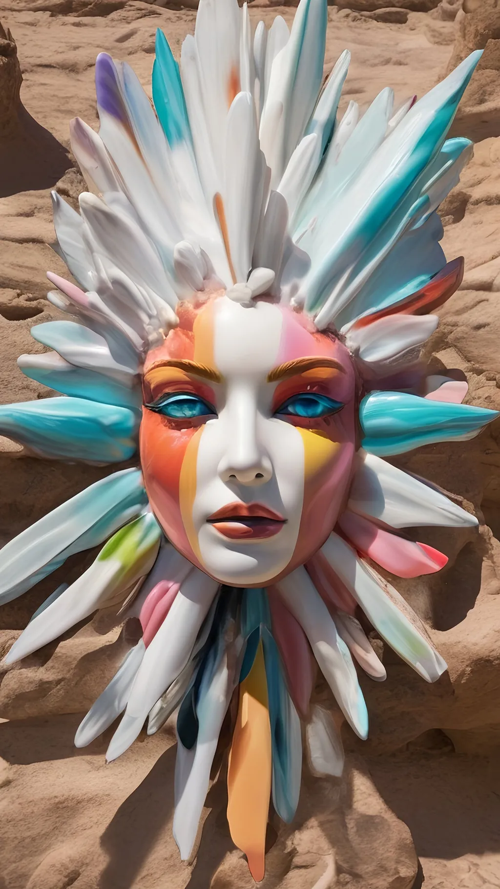 Prompt: a sculpture of a woman with feathers on her head and face is shown in a desert setting with rocks