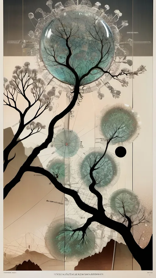 Prompt: a painting of a tree with a glass ball hanging from it's branches and a sky background with a few clouds, generative art, golden ratio illustration