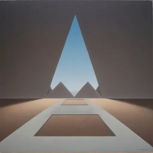 Prompt: a painting of a room with a sky in the background and a white triangle on the floor in the middle