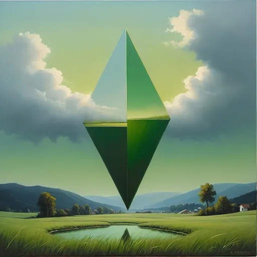 Prompt: a painting of a green pyramid in the middle of a field with a lake in the foreground and a mountain in the background