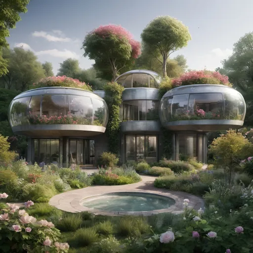 Prompt: a futuristic house with a pool surrounded by trees and flowers in the foreground and a garden surrounding it, solarpunk, a digital rendering
