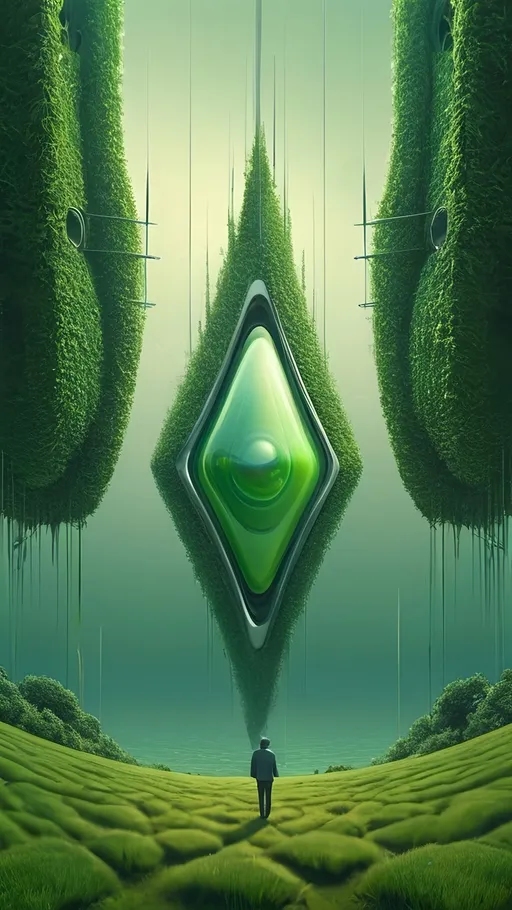 Prompt: a man standing in a field with a green diamond in the middle of it and trees in the background