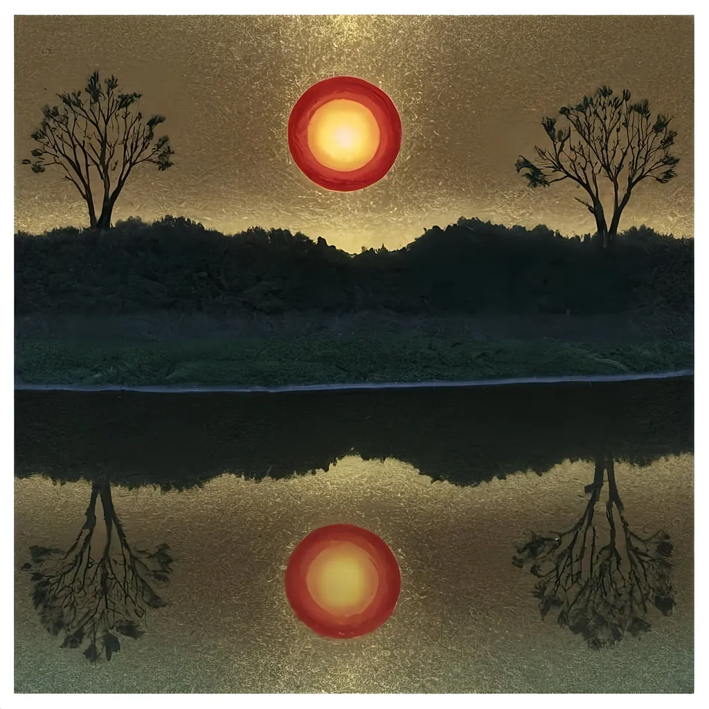 Prompt: a painting of a sunset with trees reflected in the water and a red circle in the middle of the image, caustics, an airbrush painting