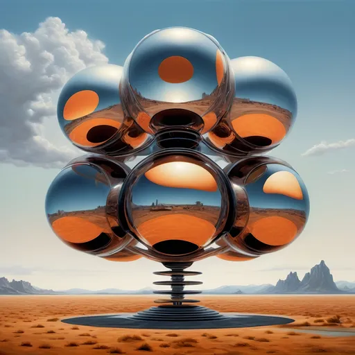 Prompt: a group of spheres sitting on top of a metal pole in the middle of a desert area with a sky background, precisionism, raytracing, an ultrafine detailed painting