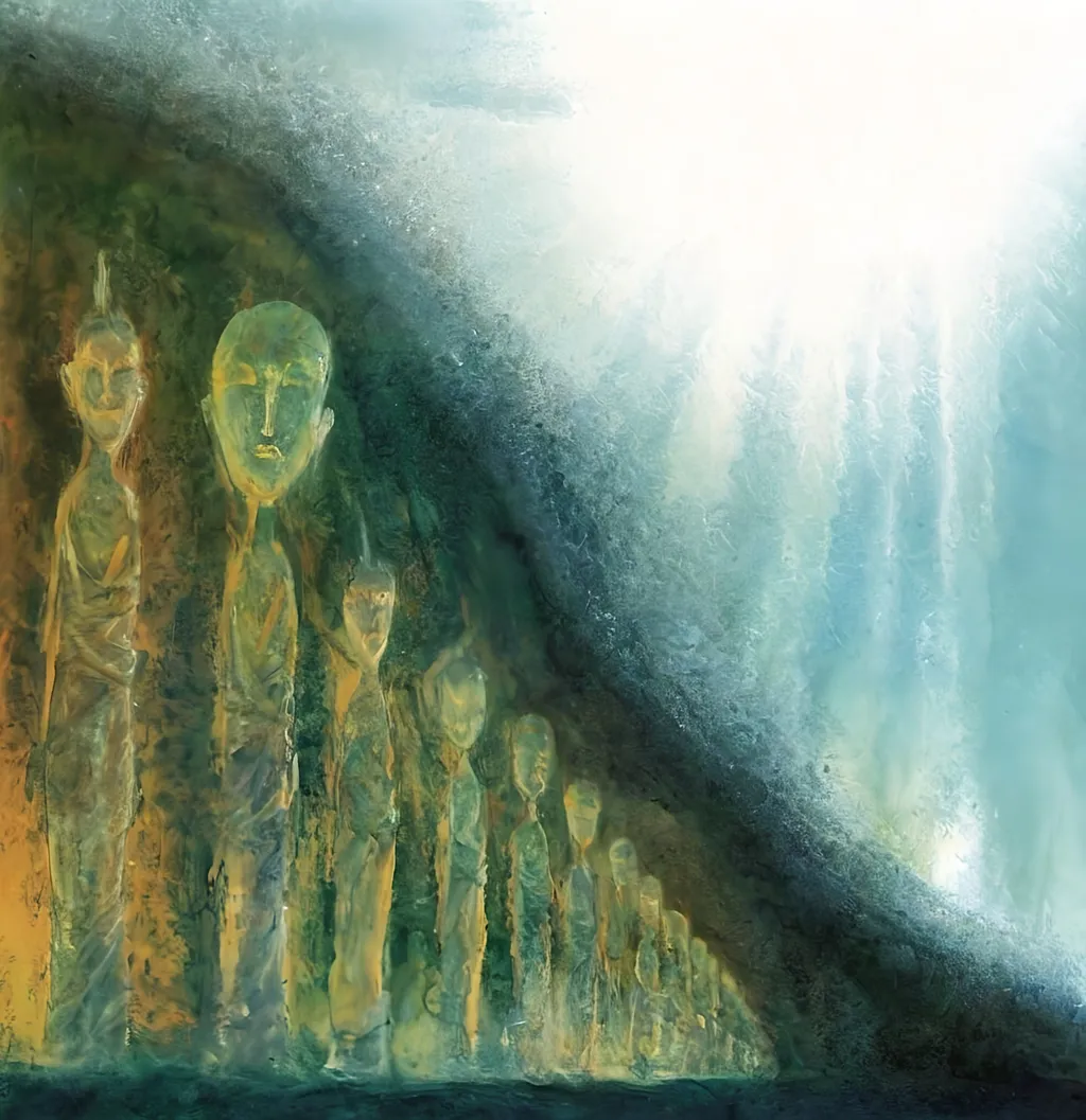 Prompt: a painting of a group of people standing in a line and light, an ultrafine detailed painting