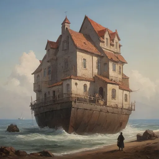 Prompt: a painting of a house floating in the ocean with a man walking by it and a boat in the water