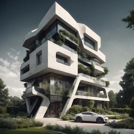 Prompt: a tall building with plants growing on it's sides and a car parked in front of it, deconstructivism, archdaily, a digital rendering