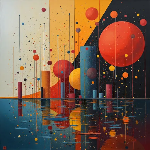 Prompt: a painting of a large number of different colored balls and shapes on a black background with water and a yellow background,  geometric abstract art, planets, an ultrafine detailed painting